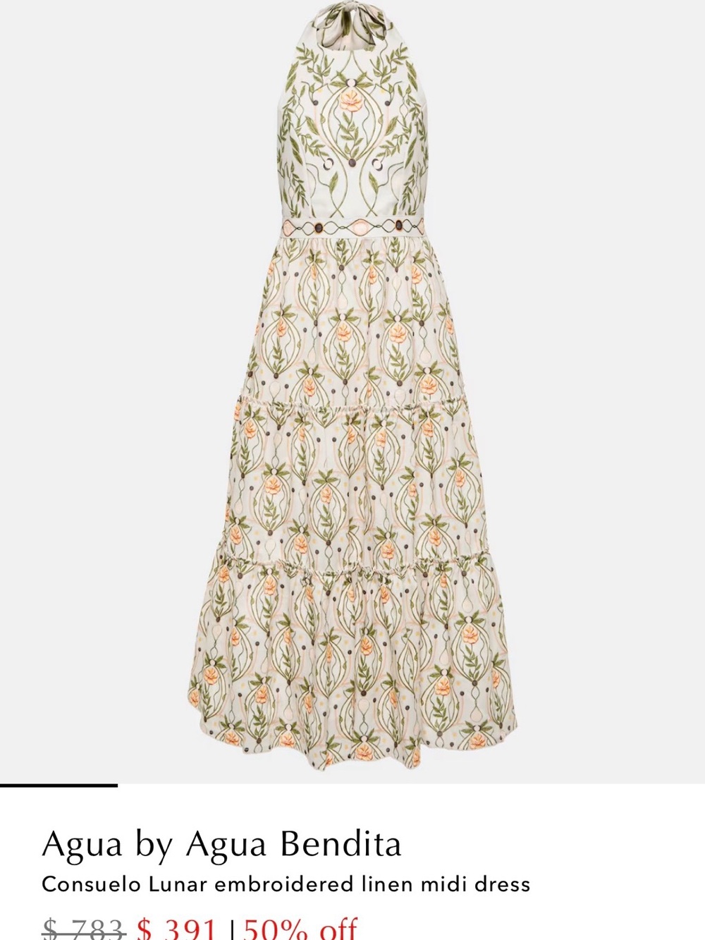 Agua Bendita Embroidered Halter Midi Dress in Cream, Green and Peach - Picture 2 of 13